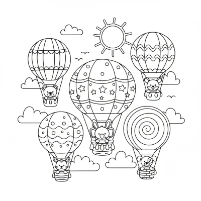 Gökyüzünde uçan rengarenk balon boyama sayfası