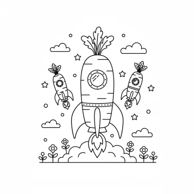 Gökyüzünde uçan havuç roketi boyama sayfası