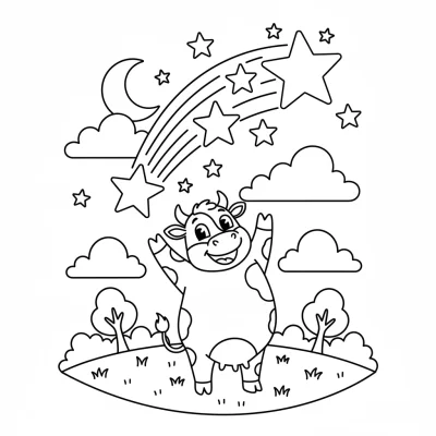 Gökyüzüne yıldız fırlatan inek boyama sayfası