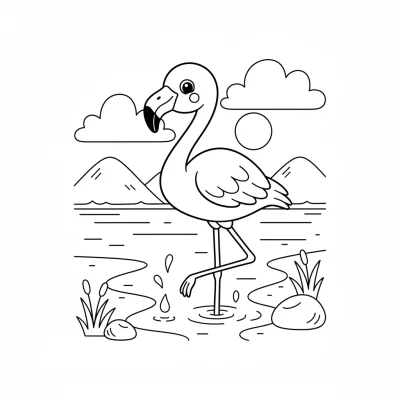 Göl kenarında duran flamingo boyama sayfası