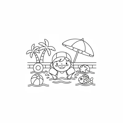 Havuzda yüzen neşeli çocuklar boyama sayfası