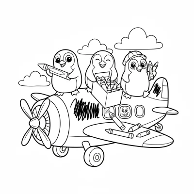 Pastel boyalarla oynayan penguenler boyama sayfası