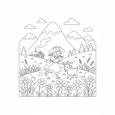 Heidi Alp Dağında keçi otlatıyor boyama sayfası