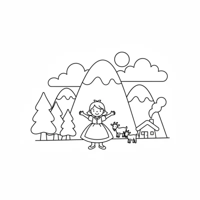 Heidi Alp Dağları manzarası boyama sayfası