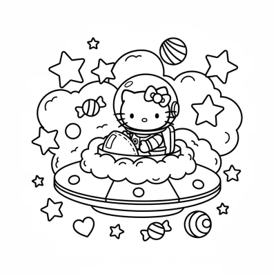 Hello Kitty Uzayda Şeker Bulutu Boyama Sayfası