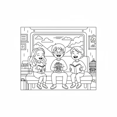 Hogwarts Ekspresinde neşeli karakterler boyama sayfası