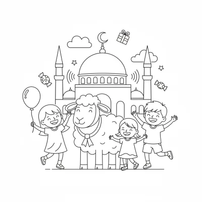 Kurban Bayramı coşkusunu yaşayan çocuklar boyama sayfası