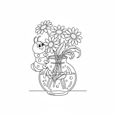 Meraklı tırtılın vazoyu incelediği boyama sayfası