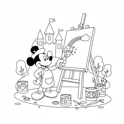 Miki Mouse sihirli boyalarla resim yapıyor boyama sayfası