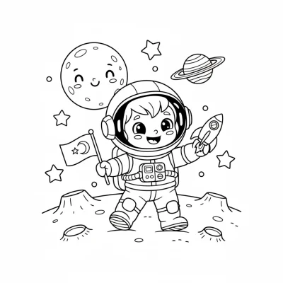 Minik astronot ayda keşif yapan boyama sayfası