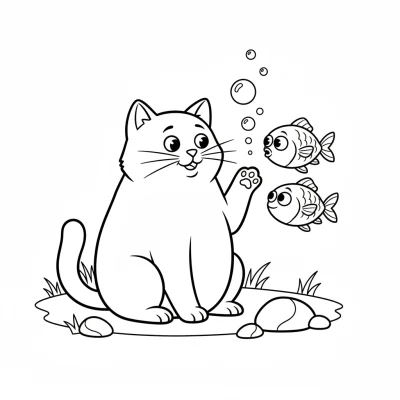 Minik balıklarla sohbet eden kedi boyama sayfası