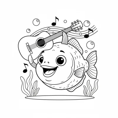 Müziğe meraklı pirana balığı enstrüman çalarken boyama sayfası