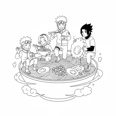 Naruto ve arkadaşları ramen yiyen boyama sayfası