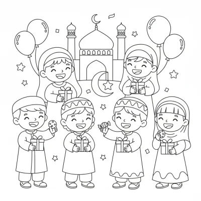 Neşeli çocuklar Ramazan Bayramı boyama sayfası