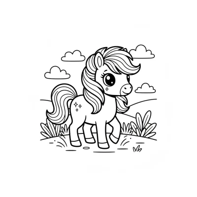 Parlak tüyleri olan pony boyama sayfası
