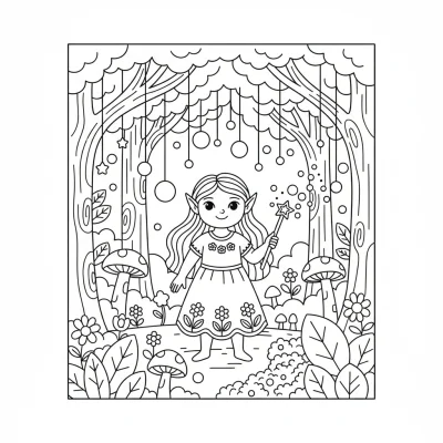 Pırıltılı ormanda dans eden elf boyama sayfası