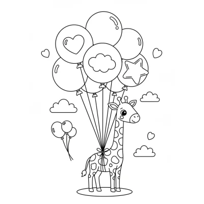 Balonlarla Uçan Zürafa Görseli Boyama Sayfası