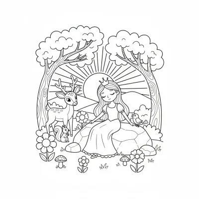 Şafakta uyanan ormandaki prenses boyama sayfası