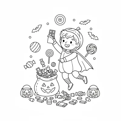 Cadılar Bayramı şekerleri dans eden çocuk boyama sayfası
