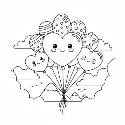 Balonlarla uçan sevimli kalpler boyama sayfası