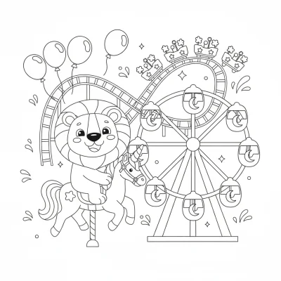 Sihirli lunaparkta eğlenen aslan boyama sayfası