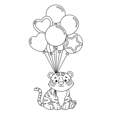Renkli balonlu kaplan çizimi boyama sayfası