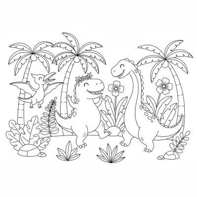 Tropik Ormanda Dans Eden Dinozorlar Boyama Sayfası