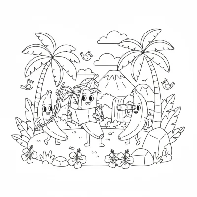 Tropikal ormanda muz toplayan maceracılar boyama sayfası