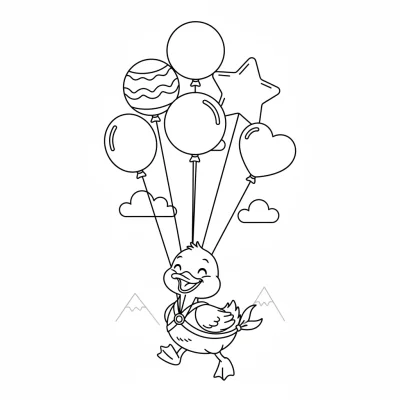 Uçan balonlara tutunan ördek boyama sayfası