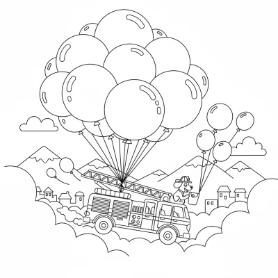 Uçan balonlarla yarışan itfaiye arabası boyama sayfası
