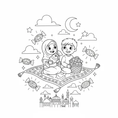 Bayram şekeri ve uçan halı boyama sayfası