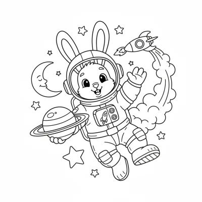 Uzayda gezen cesur tavşan astronot boyama sayfası