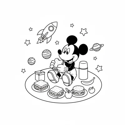 Uzayda piknik yapan Miki Mouse boyama sayfası
