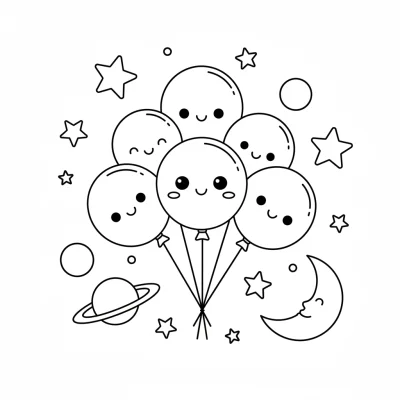 Yıldızlarla Uçan Cesur Balon Boyama Sayfası