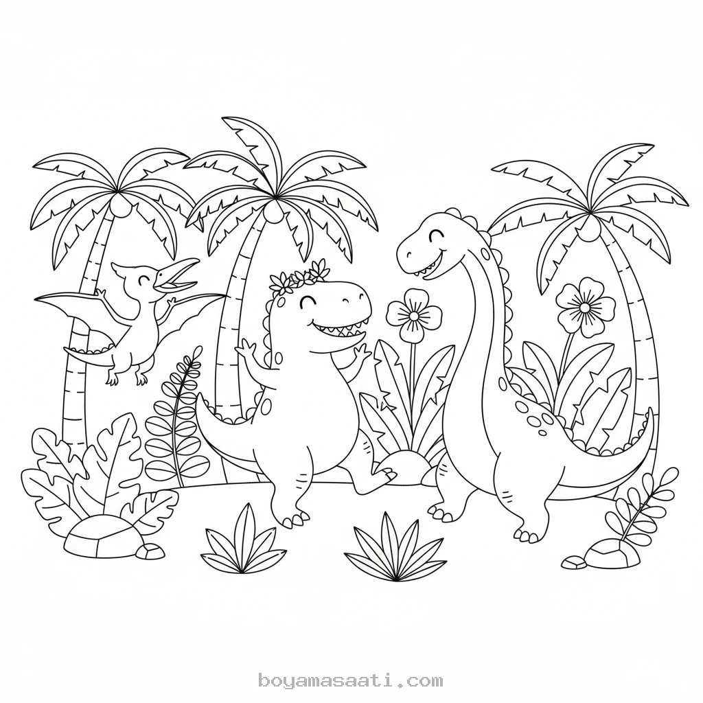 Tropik Ormanda Dans Eden Dinozorlar Boyama Sayfası