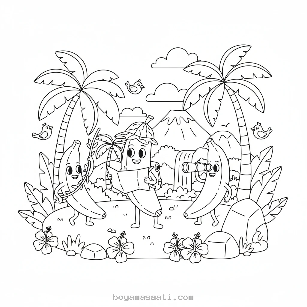 Tropikal ormanda muz toplayan maceracılar boyama sayfası