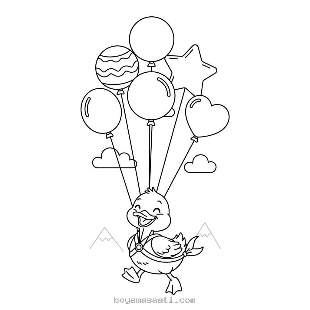 Uçan balonlara tutunan ördek boyama sayfası