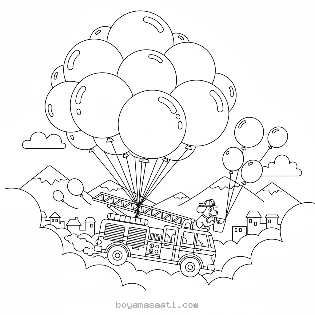 Uçan balonlarla yarışan itfaiye arabası boyama sayfası
