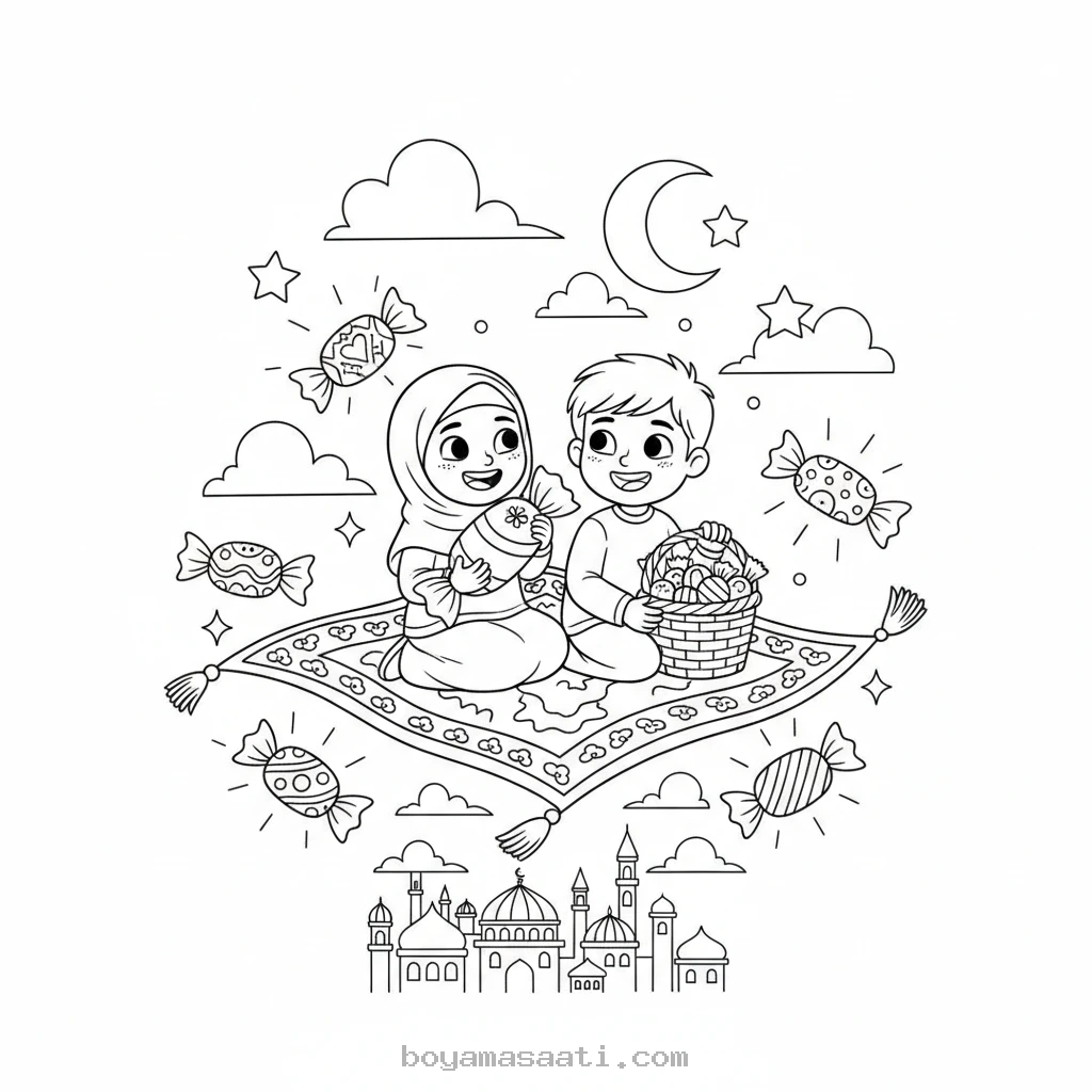 Bayram şekeri ve uçan halı boyama sayfası