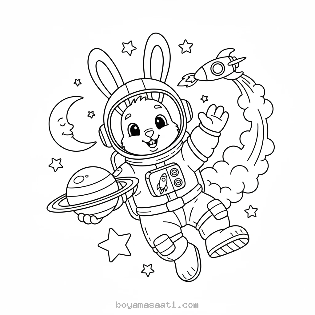 Uzayda gezen cesur tavşan astronot boyama sayfası