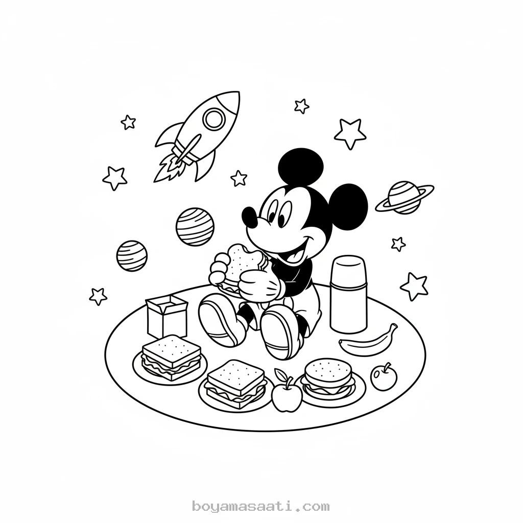 Uzayda piknik yapan Miki Mouse boyama sayfası
