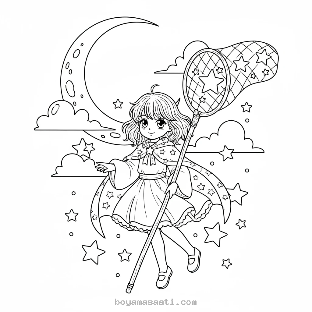 Uzayda Yıldız Toplayan Anime Kız Boyama Sayfası