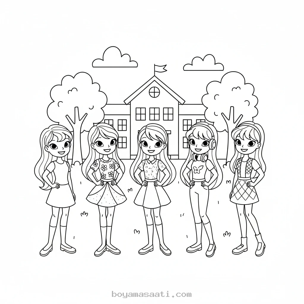 Winx kızları okul temalı ücretsiz boyama sayfası