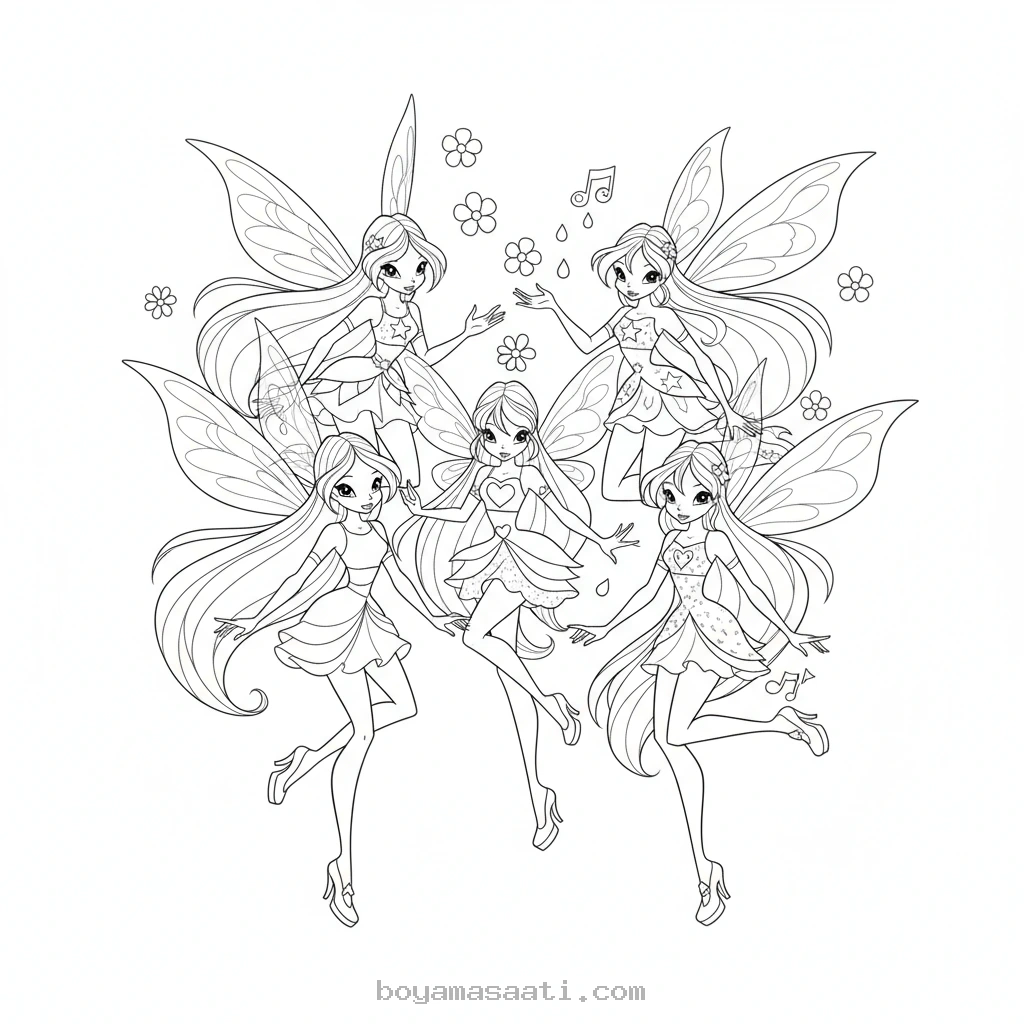Winx Perileri sihirli dünyası boyama sayfası