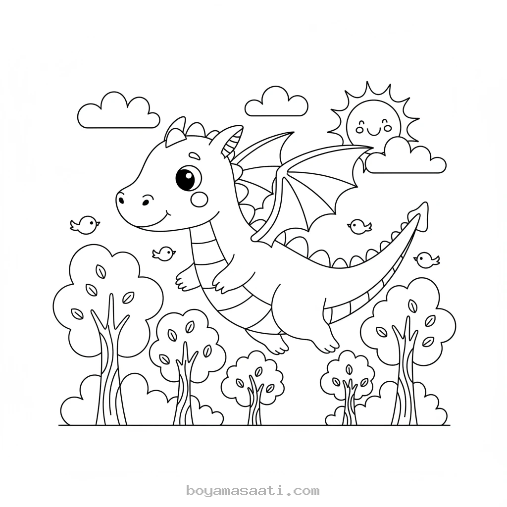 Yeşil ormanda uçan ejderha boyama sayfası