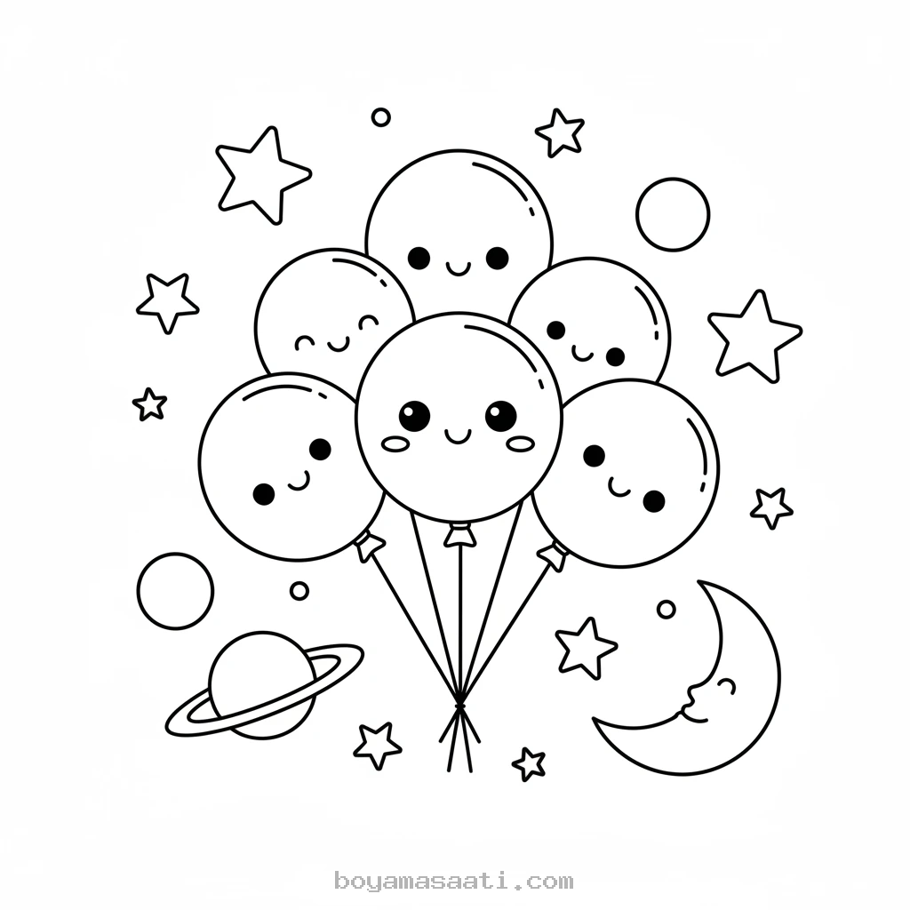 Yıldızlarla Uçan Cesur Balon Boyama Sayfası